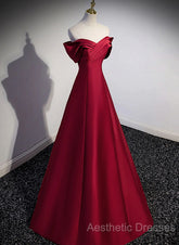 Wine Red Satin Long Party Dresses, A-Line Wine Red Satin Evening Prom Dresses